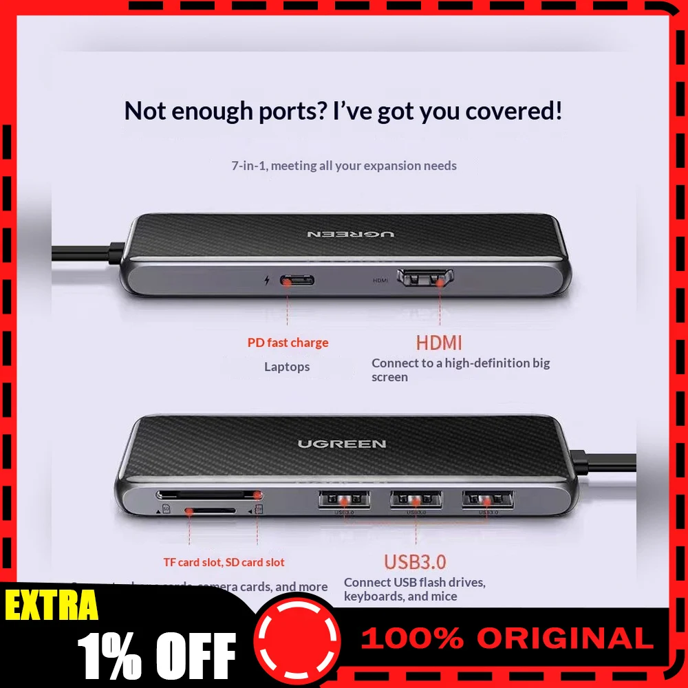 UGREEN 70550 CM305 USB C Hub 7 in 1 with 4K HDMI USB 3.0 SD TF Card Reader PD Charging Type C Docking Station