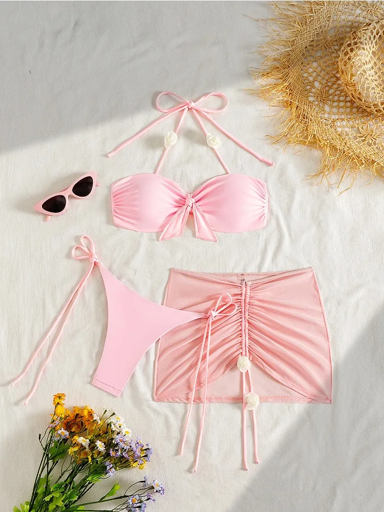

Women Sexy Pink Mesh Pleated Drawstring Front Bow Push Up Triangle 3 Piece Bikini Set 2025 New Summer Swimwear beach outfits