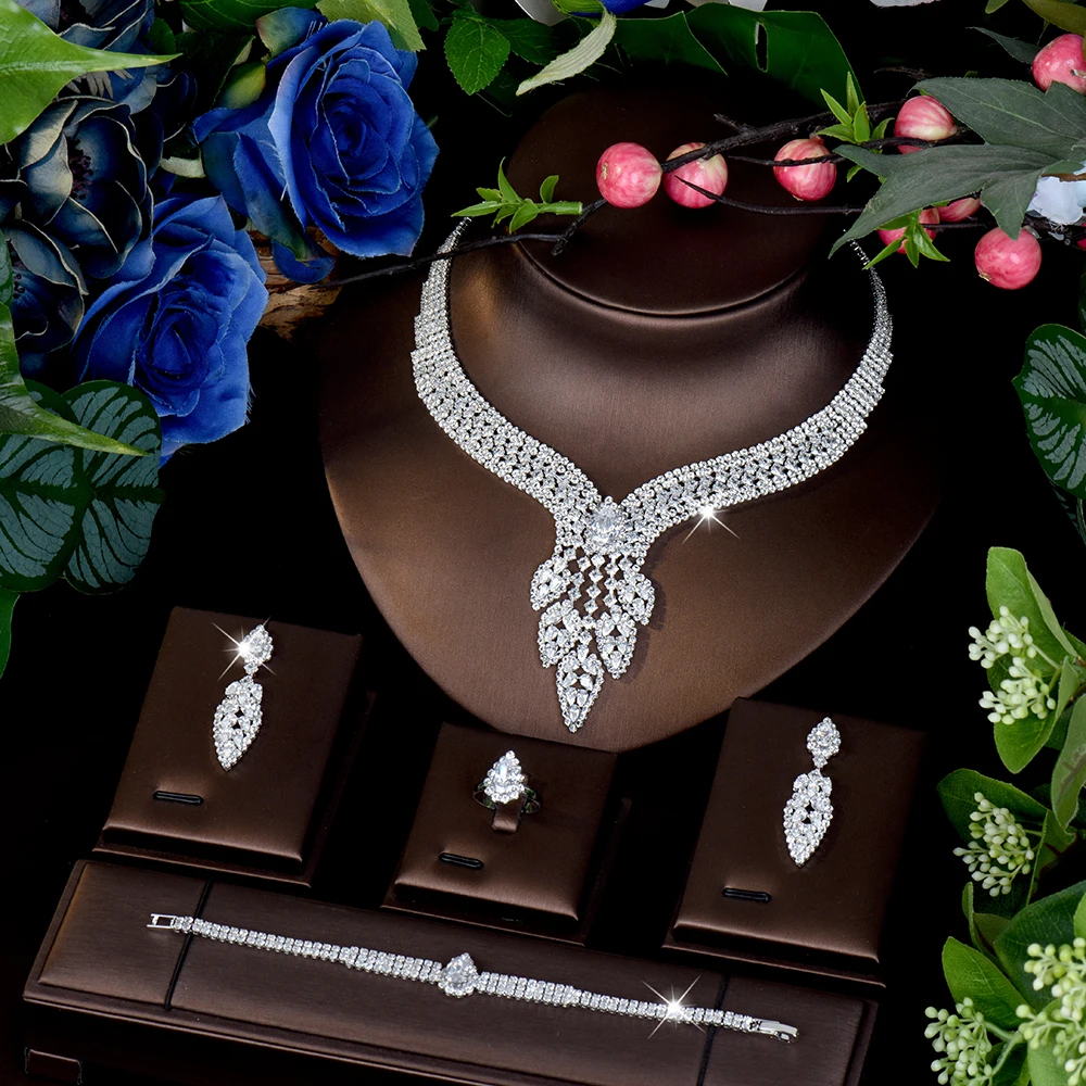 High quality Stereo light luxury set sliver color necklace earrings bracelet women's dress decorative jewelry wedding gift M-863