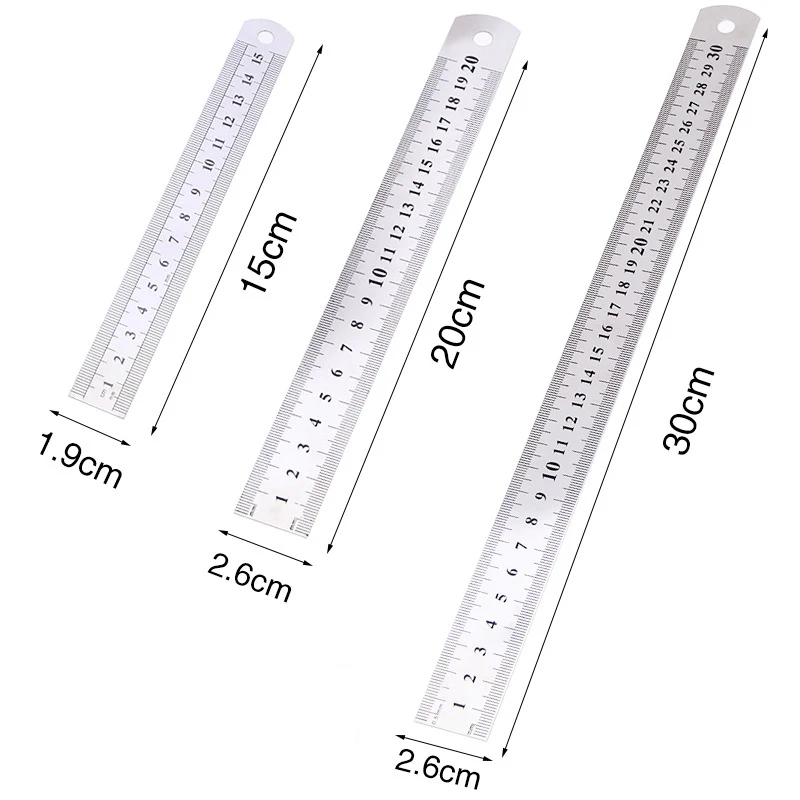 Regla de Metal recta de acero inoxidable, regla de medición de precisión de doble cara, suministros de herramientas, 15cm, 20cm, 30cm