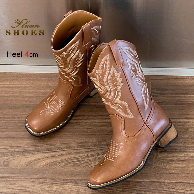 

Женские сапоги до середины икры из воловьей кожи, классические ковбойские сапоги в стиле вестерн на массивном каблуке 4 см с вышивкой, женская обувь из натуральной кожи с квадратным носком