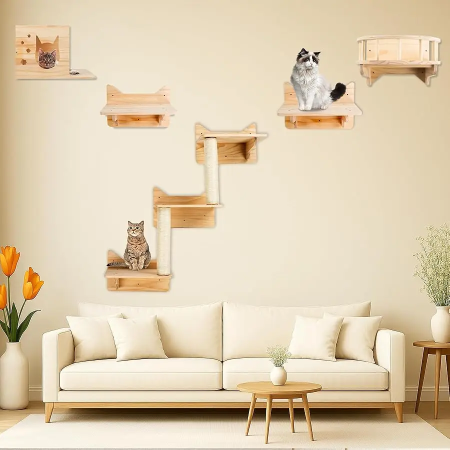 

Cat Wall Shelves, Furniture Set, Shelves and Perches for Wall, Climbing Shelf Playground Scratching Post with 3 Steps Indoor Mou