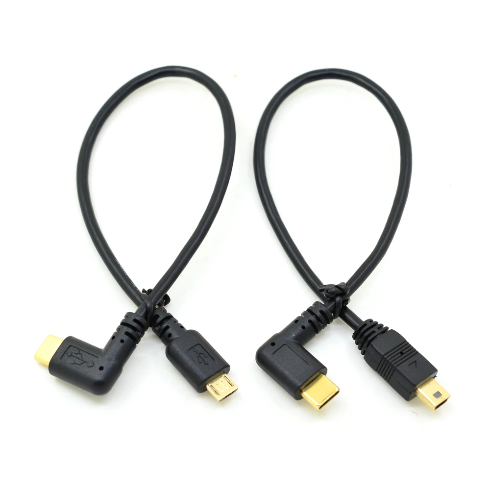 25cm ângulo direito micro/mini usb c cabo 5pin usb3.1 tipo c macho para mini micro usb 2.0 macho otg sincronização de dados cabo de carregamento conversor