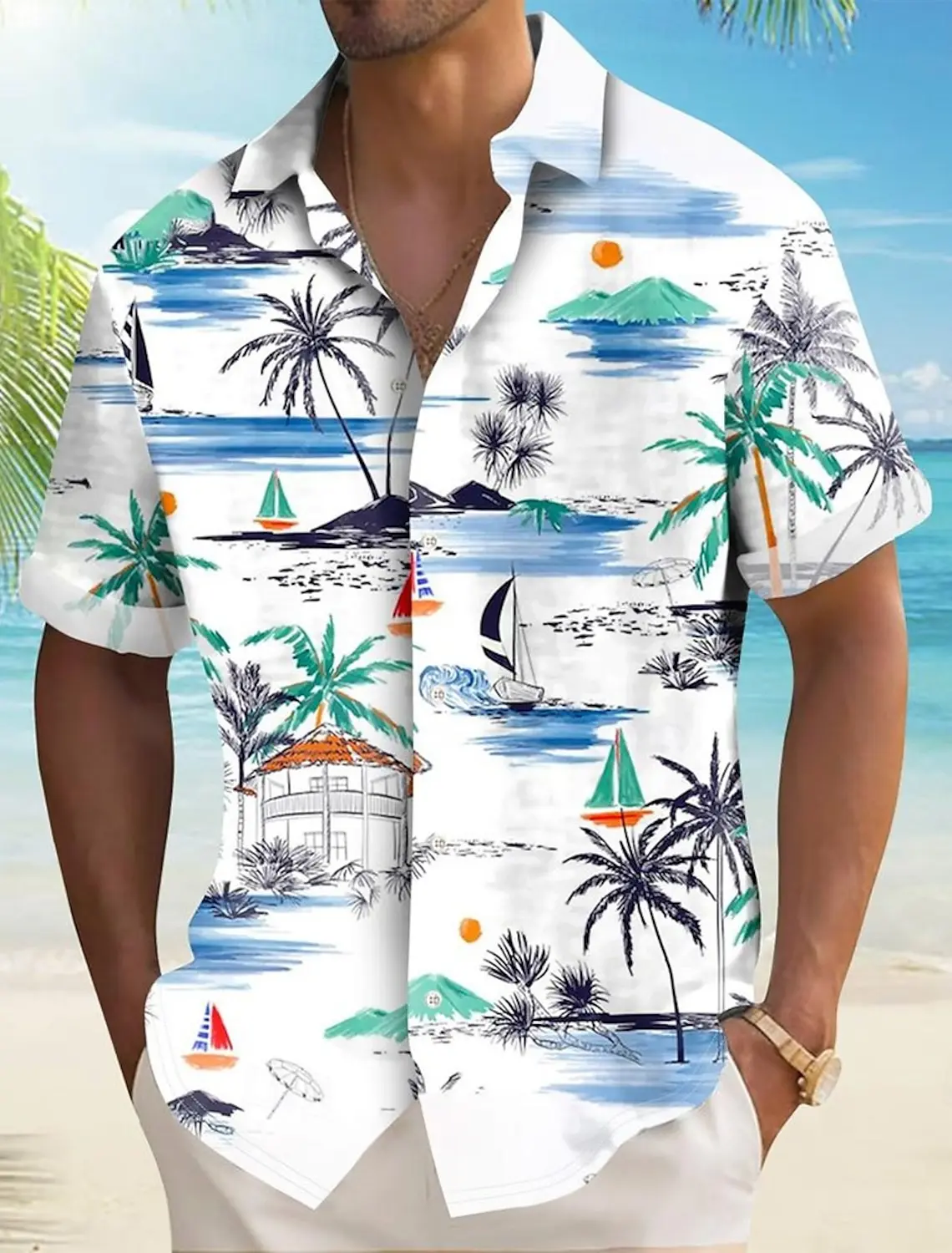 

Мужская гавайская рубашка с тропическими растениями кокосовой пальмы, рубашка на пуговицах, летняя отложная рубашка с коротким рукавом, рубашки с воротником с 3D принтом