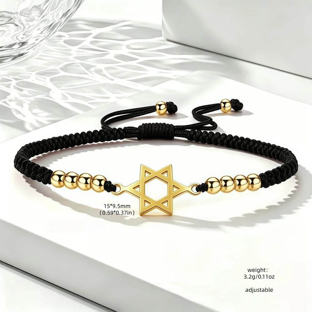 Pulsera ajustable de cordón trenzado negro y rojo con estrella de David chapada en oro de 18 quilates y cadena de cuentas de acero inoxidable, amuleto de protección judío.