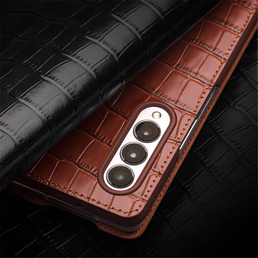 Qialino 정품 가죽 플립 케이스, 악어 패턴 커버, 삼성 갤럭시 Z 폴드 6 5 4