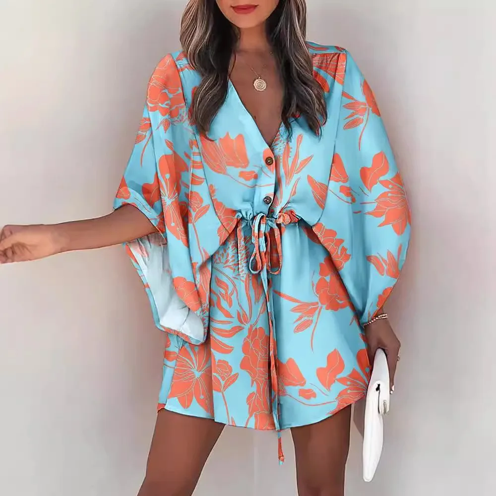 Summer Casual Vacation Dress Women's High Waist Five-Quarter Length V-Neck Fly-Sleeve Knot-Waist Dress Fashionable Trend