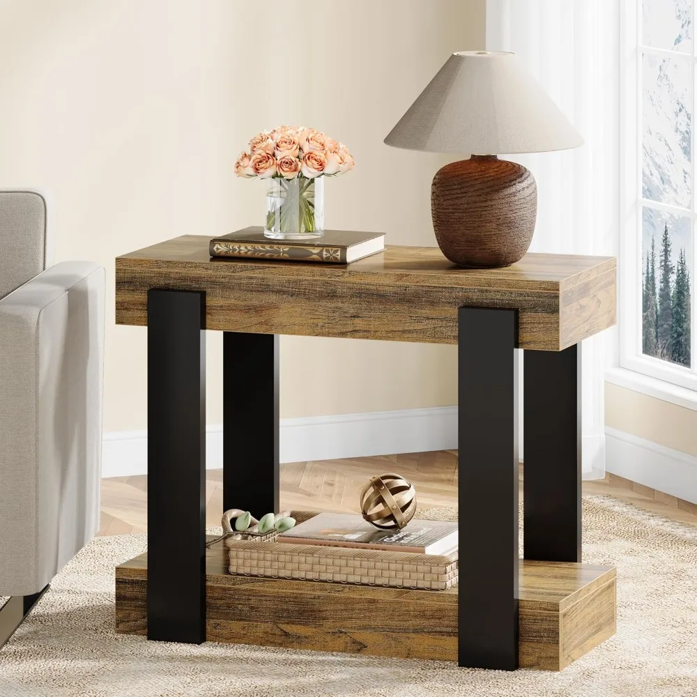 

Narrow End Table, 2-Tier Farmhouse Modern Side Table with Storage Shelves for Living Room, Small Space, Night Stand for Bedroom