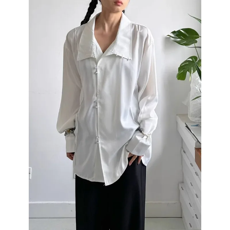 SuperAen Chinese Style Solid Color Draped Long-sleeved Shirt for Woman Design Pearl Single-breasted Loose Casual Elegant Shirts