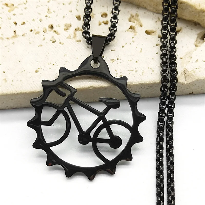 Tires Bicycle Stainless Steel Long Chain Necklaces Women/Men Black Color Bike Necklaces Jewelry collar hombre bicicleta N2653S1