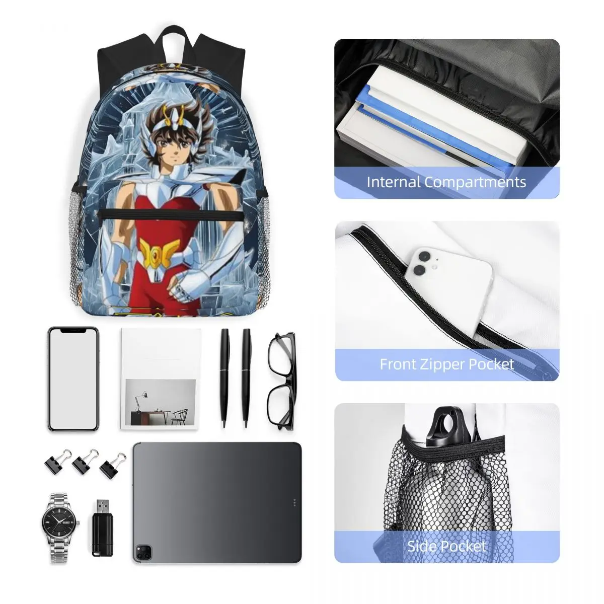 Anime Knights Of The Zodiac Seiya Student Backpack School Bag Hiking Travel Daypack for Men Women Fashion Bookbag Shoulder Bags