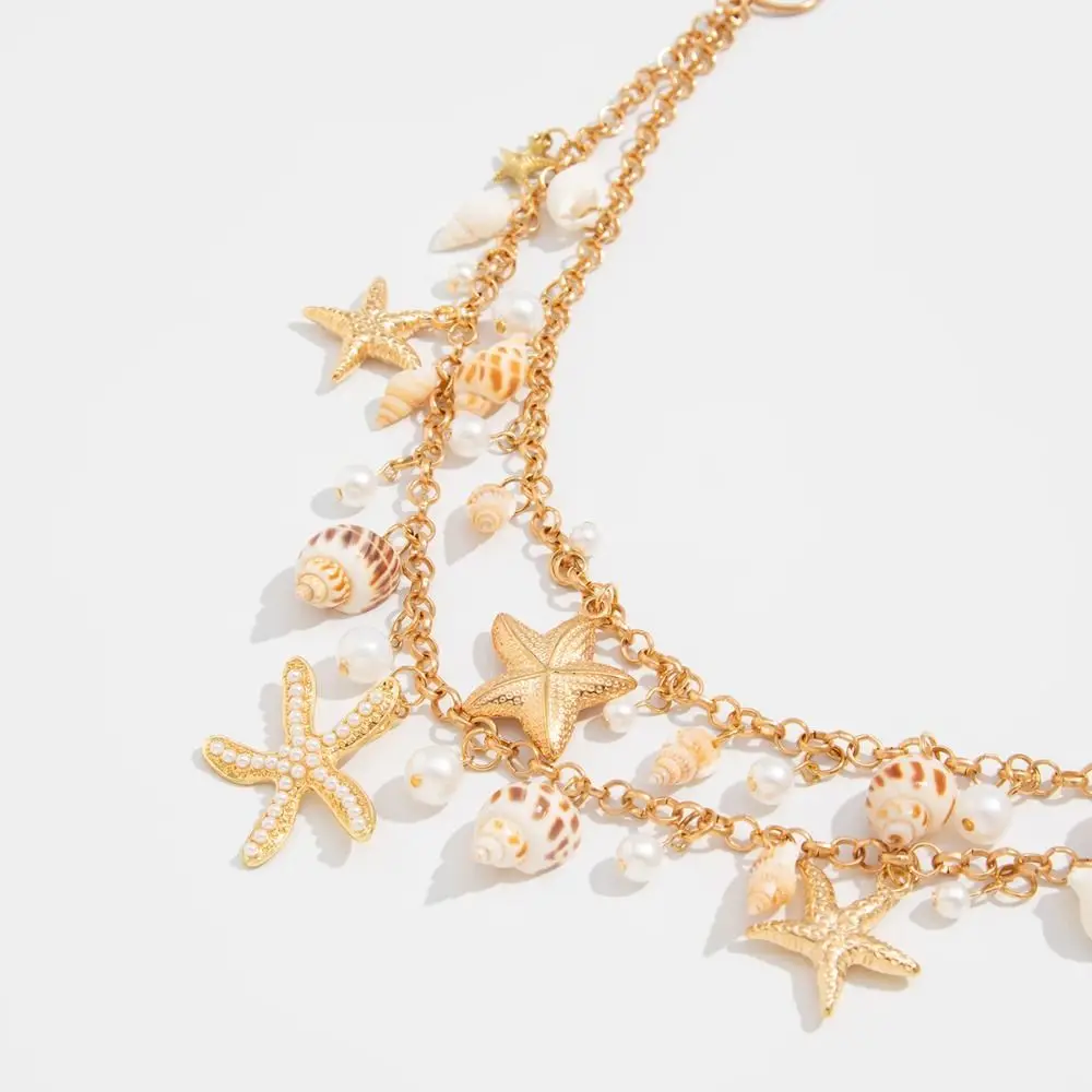 

Bohemian Shell Starfish Waist Chain Imitation Pearl Sexy Women's Necklace Golden Irregular Beach Shell Waistband Girls