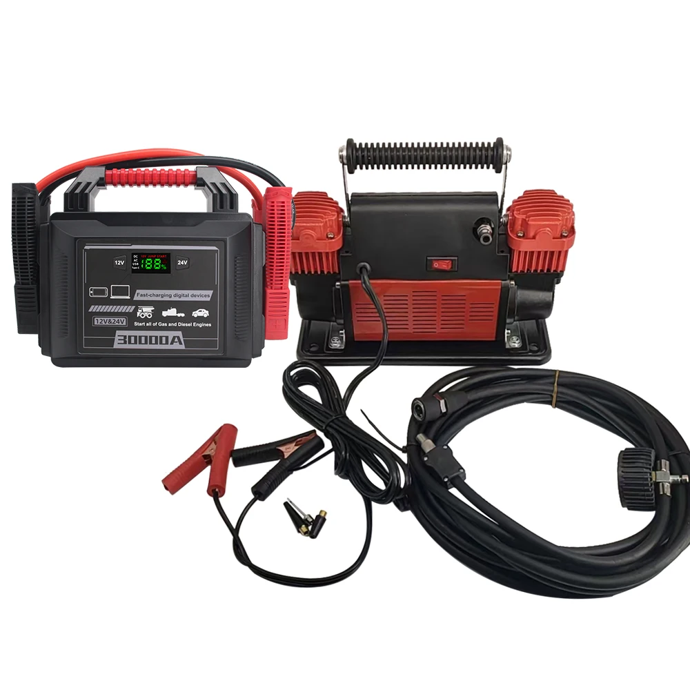 12-24-Volt Commercial 30000A Portable Battery Booster Lithium Semi Truck Car Jump Starter with Air Compressor Tire Inflator