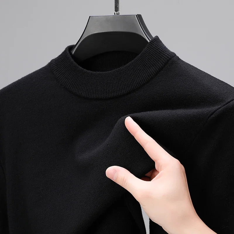 Sweter Rajut Setengah Turtleneck Kaus Leher Tiruan Musim Gugur/Musim Dingin Baru Pulover Warna Solid Pakaian Pria Kasual Merek Pria