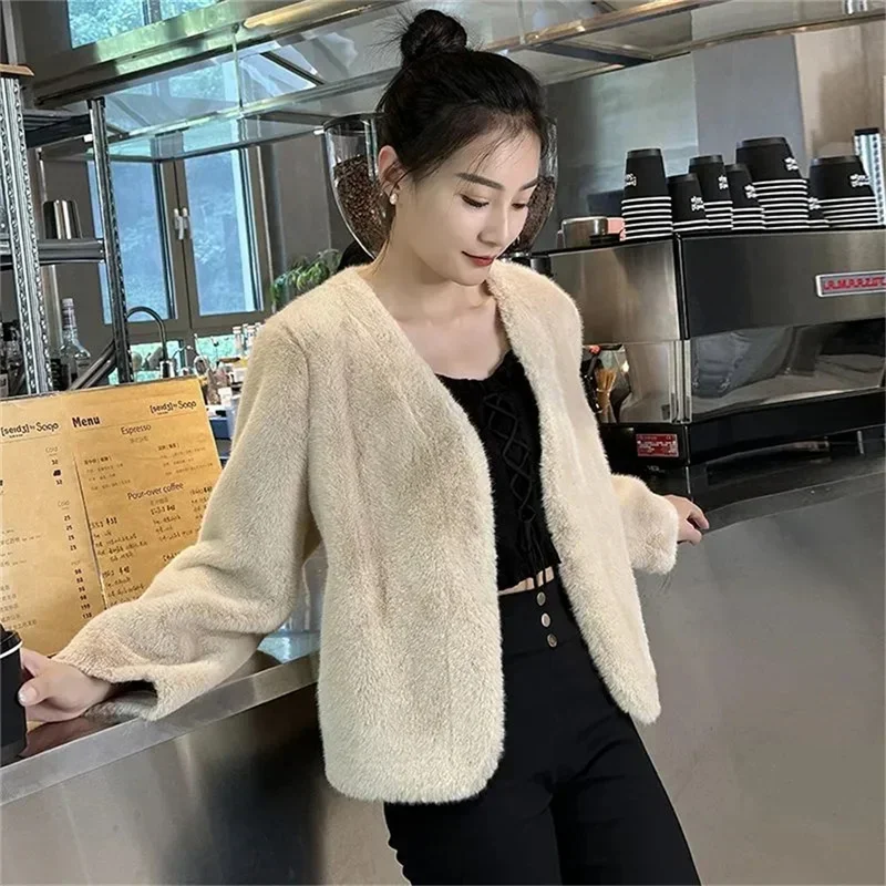 2023 Autumn and Winter New Rabbit Hair Imitate Fur Coat Women's Mink Fleece Coat Short Versatile Mesh Red Plush Coat Quilted Coa