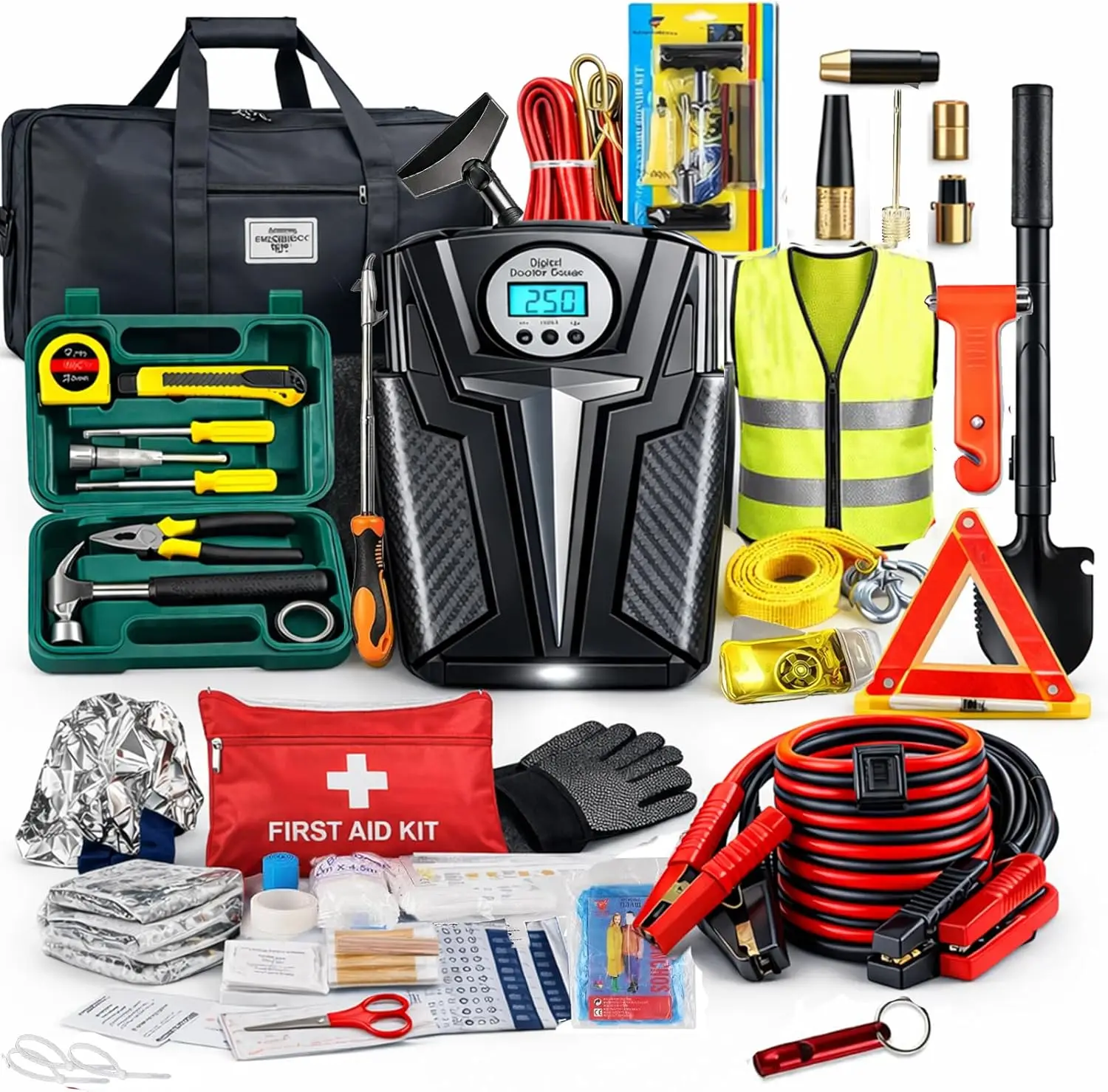 

Emergency Car Kit with Jumper Cables, Air Compressor, Warning Triangle for Roadside Safety