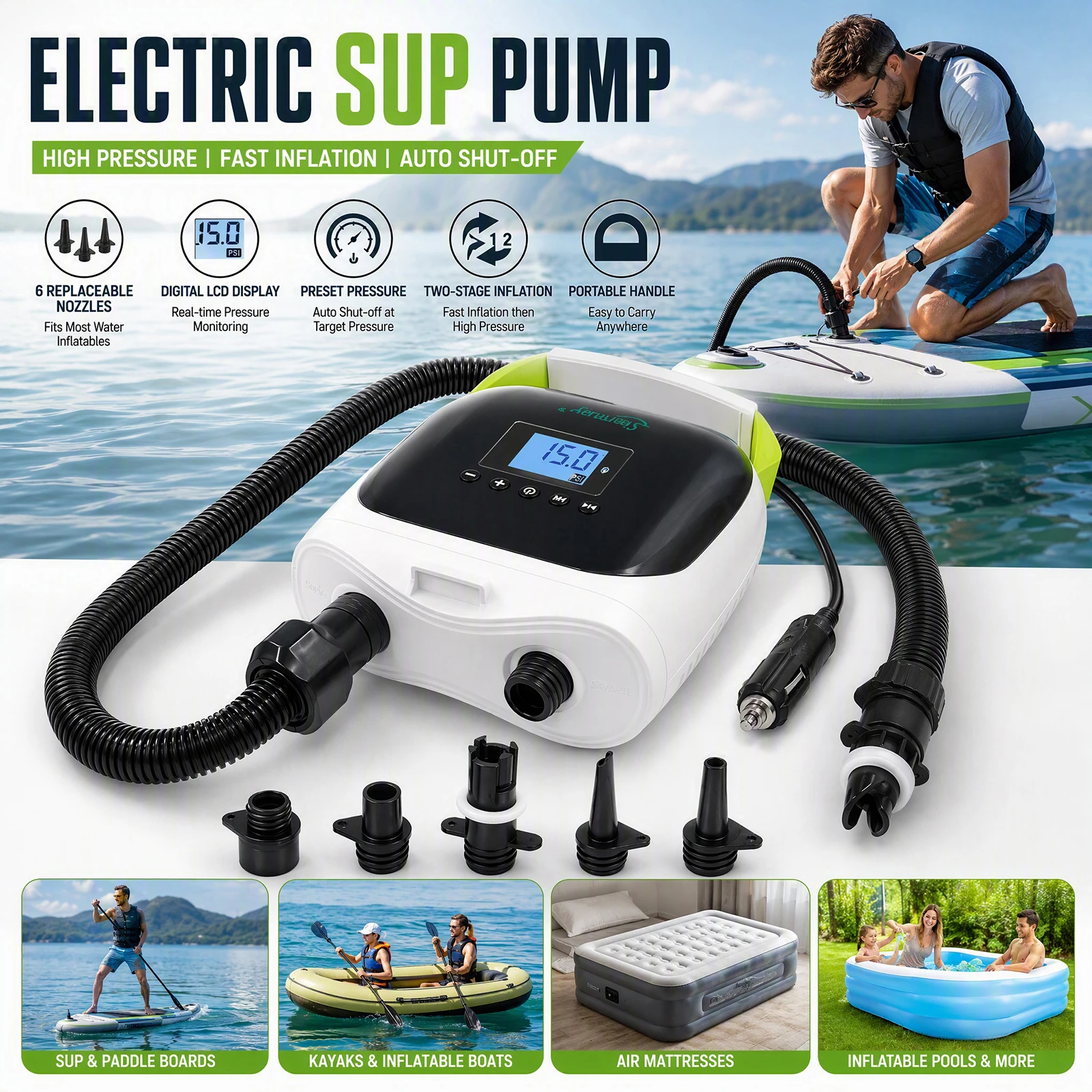 Electric Air Pump 20PSI Paddle Board Pump with 6 Nozzles Inflator Pump Auto-Off for Inflatable Paddle Boards Boats Mattress