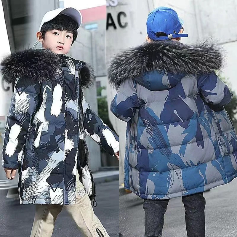 

New Long Style Teen Winter Boys Jacket Camouflage Thick Warm Fur Collar Hooded Zipper Parker For 5-12Y Teen Boy Cotton Snowsuit