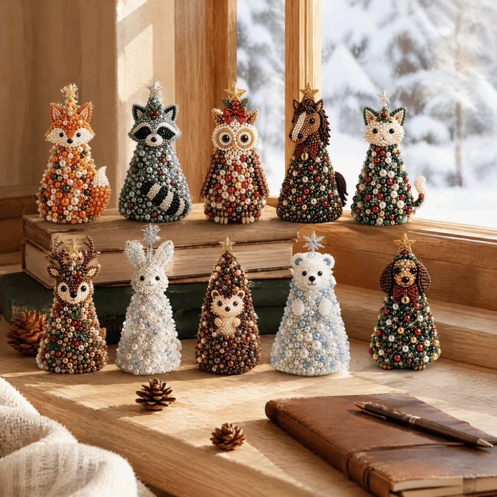 Multicolor Beaded Christmas Tree Kit Crystal Beads Home Tabletop Size DIY Ornament Making Set Creative Craft Design Dreamy Style