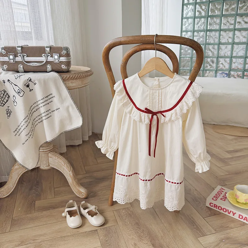 Korean Style Girls Lace Trim Color Block Long Sleeve Dress Autumn Collection Children's French Style Skirt with Pleated Edge