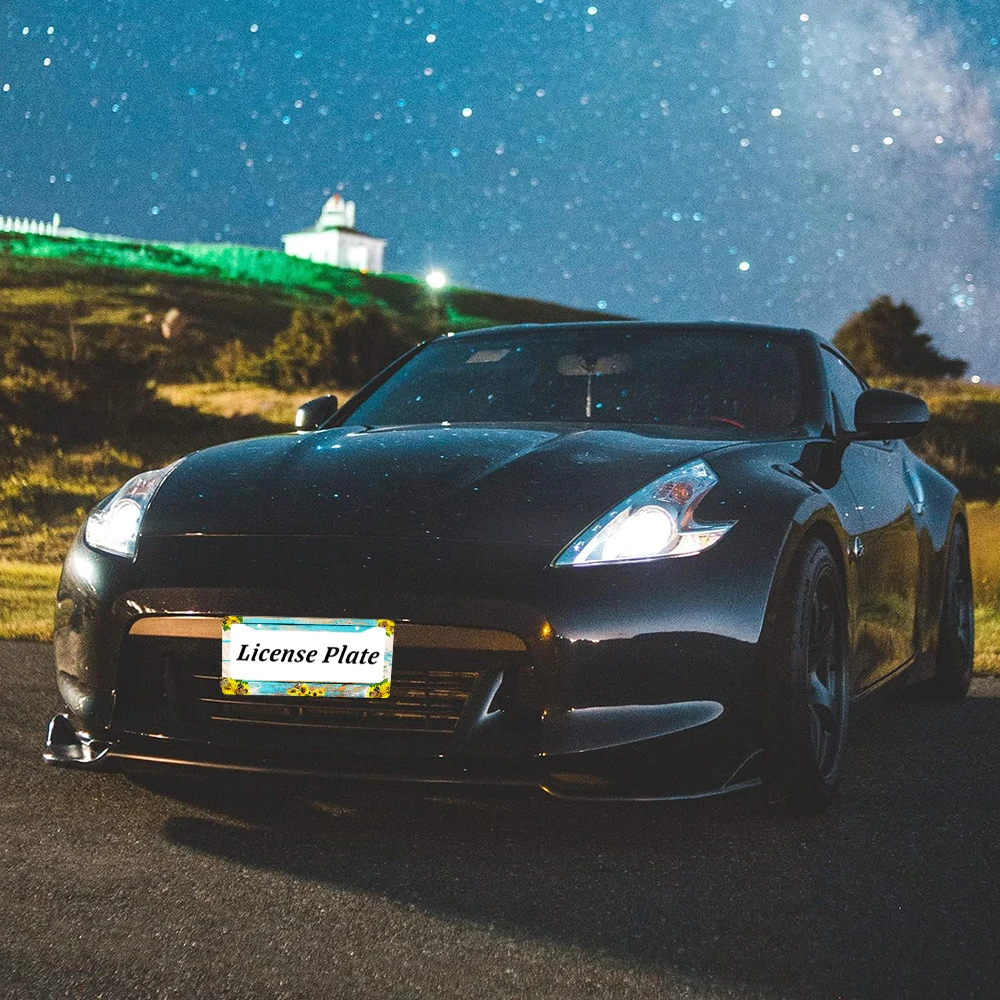 Bingkai Pelat Nomor 2 Lubang Pola Kayu Biru Vintage dengan Desain Kupu-kupu Bunga Matahari, Bahan Aluminium, 6x12 Inci