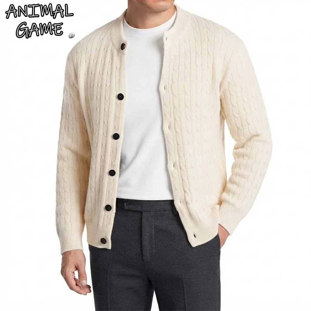 New Men's Cardigan Sweater Coats Casual Knit Outerwear Autumn Long Sleeve Vintage Cable Crew Neck Slim Fit Knitwear Jackets Male