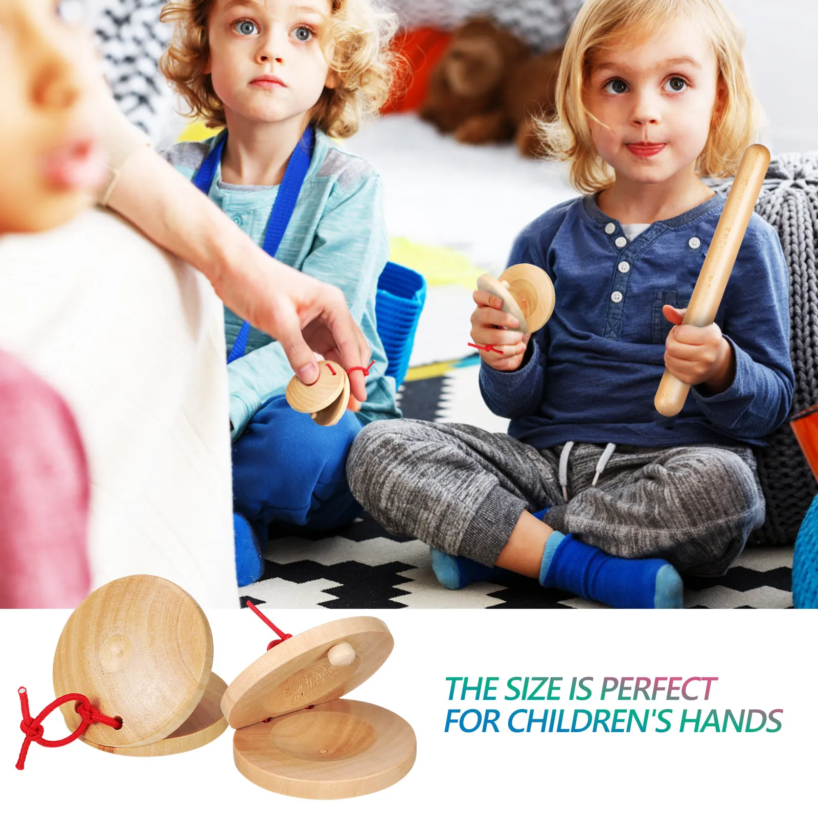 

4 пары деревянных ритмических палочек с кастаньетами для малышей от 12 месяцев, безопасные, с гладкими краями, музыкальный инструмент для раннего детства