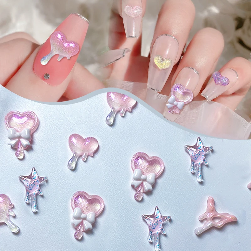 20 piezas de diamantes de imitación Kawaii en forma de corazón con purpurina de Auroras rosas, abalorios de uñas transparentes 3D que crecen en la oscuridad, accesorios para decoración de uñas DIY