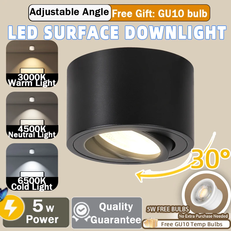 LED Downlight Three Colors Lamp Ceiling Light Surface Mounted Adjust The Angle Spotlight