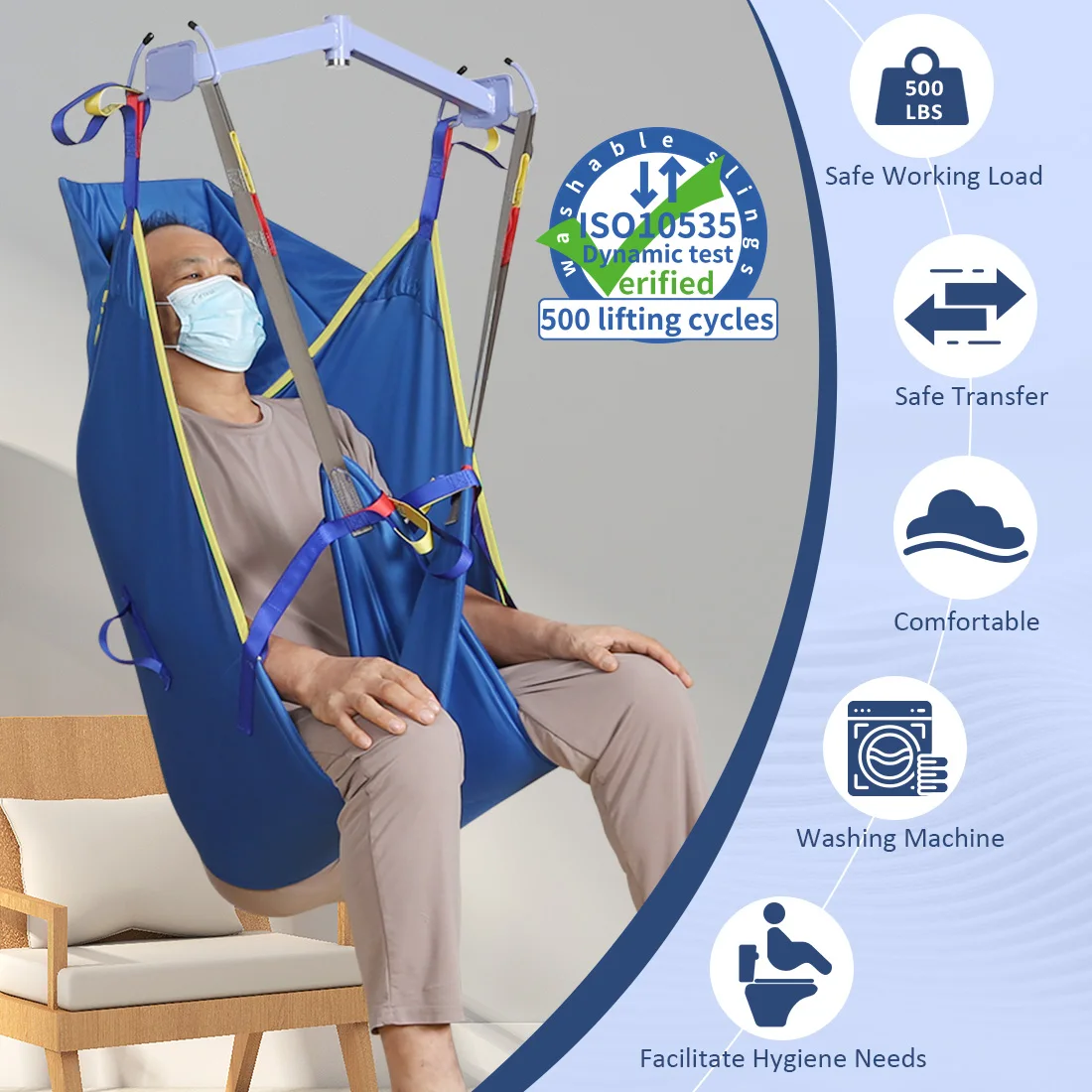 

EZ Assistive Hoyer Lift Divided Leg Universal Sling with High Back Positioning Patient Hoist Sling 80℃ Machine Washable