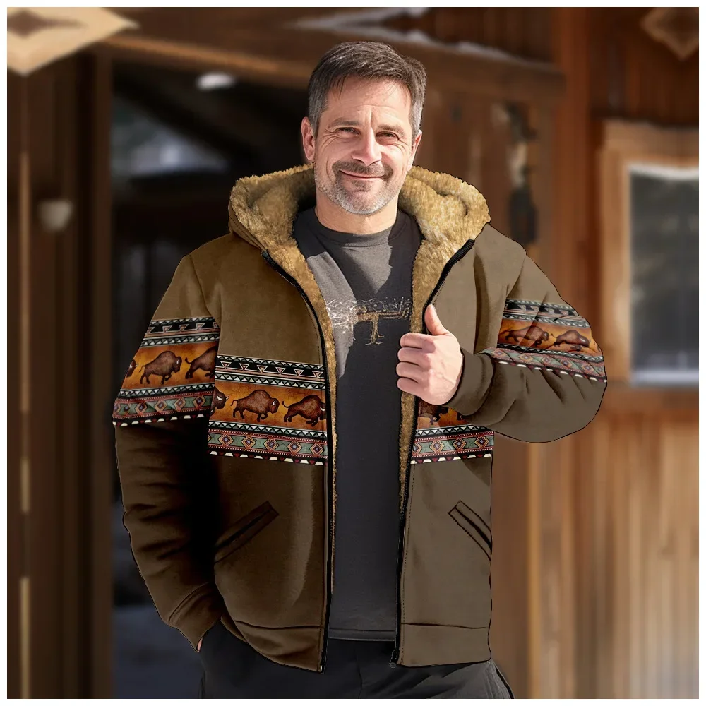 Men Jacket Cardigans Native Aztec Buffalo Coats Festival Printed Thick Outdoor Hunting Fleece Winter Casual Streetwear Clothing