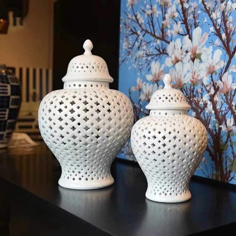 White Ceramics Gingers Jar with Lid for Displaying Flowers Hollowed Out Lattice Vases for Floral Arrangements Container