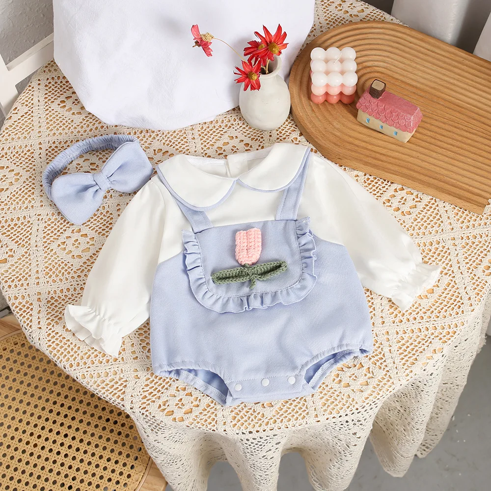 2024 Autumn Baby Girls Clothes Infant Peter Pan Tulip Bodysuit With Bow Headband Toddler Long Sleeve One Piece