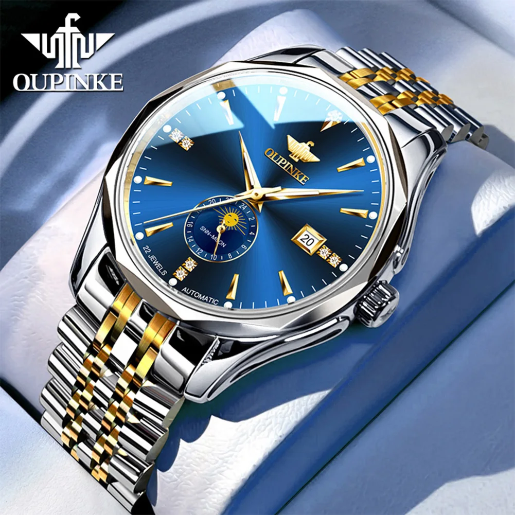 OUPINKE Automatic Man Watch Auto Date Moon Phase Chronograph High-end Luxury Diamond Wristwatch for Man NEW 3275