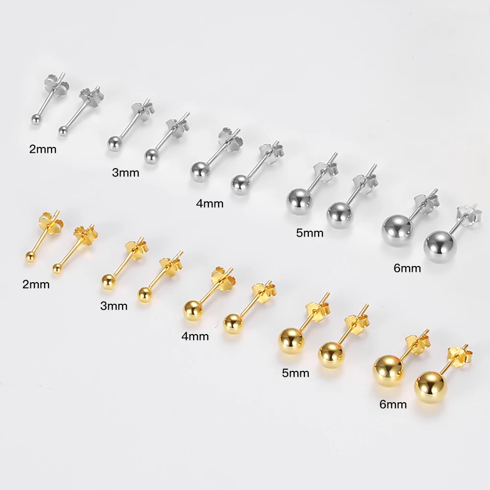 2/3/4/5/6MM 100% Real Sterling Silver 925 Small Cute Gold Plated Ball Stud Earrings Simple Ear Jewelry for Women Girls Stackable