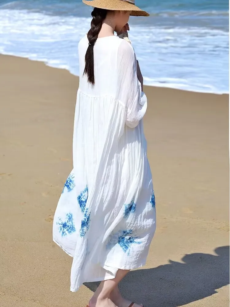 Women Summer Ramie Double layered Dress New Lazy Beach Vacation Cotton and Linen Oversize Blue Dyed Loose Long Dress 2024 X975