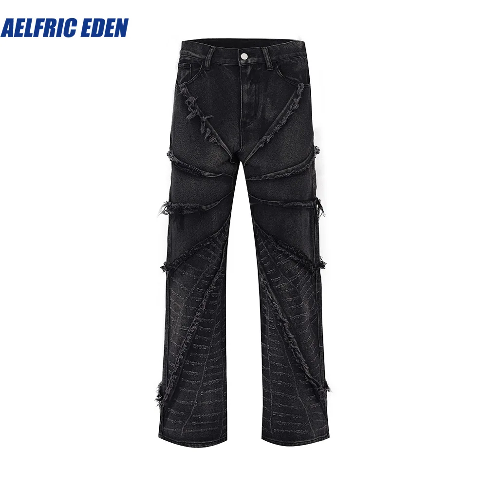 

Aelfric Eden Y2K Washed Edge Grind Tassel Striped Black Jeans Pants Men's Straight Baggy Denim Trousers Oversized Loose Cargos