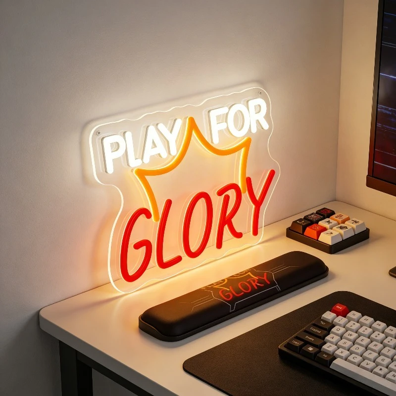 プレイ・フォー・グローリー-赤白ネオンライトサイン-壁飾り用-usb電源調光可能ledネオンサイン-ゲームルーム-eスポーツpcセットアップ装飾用