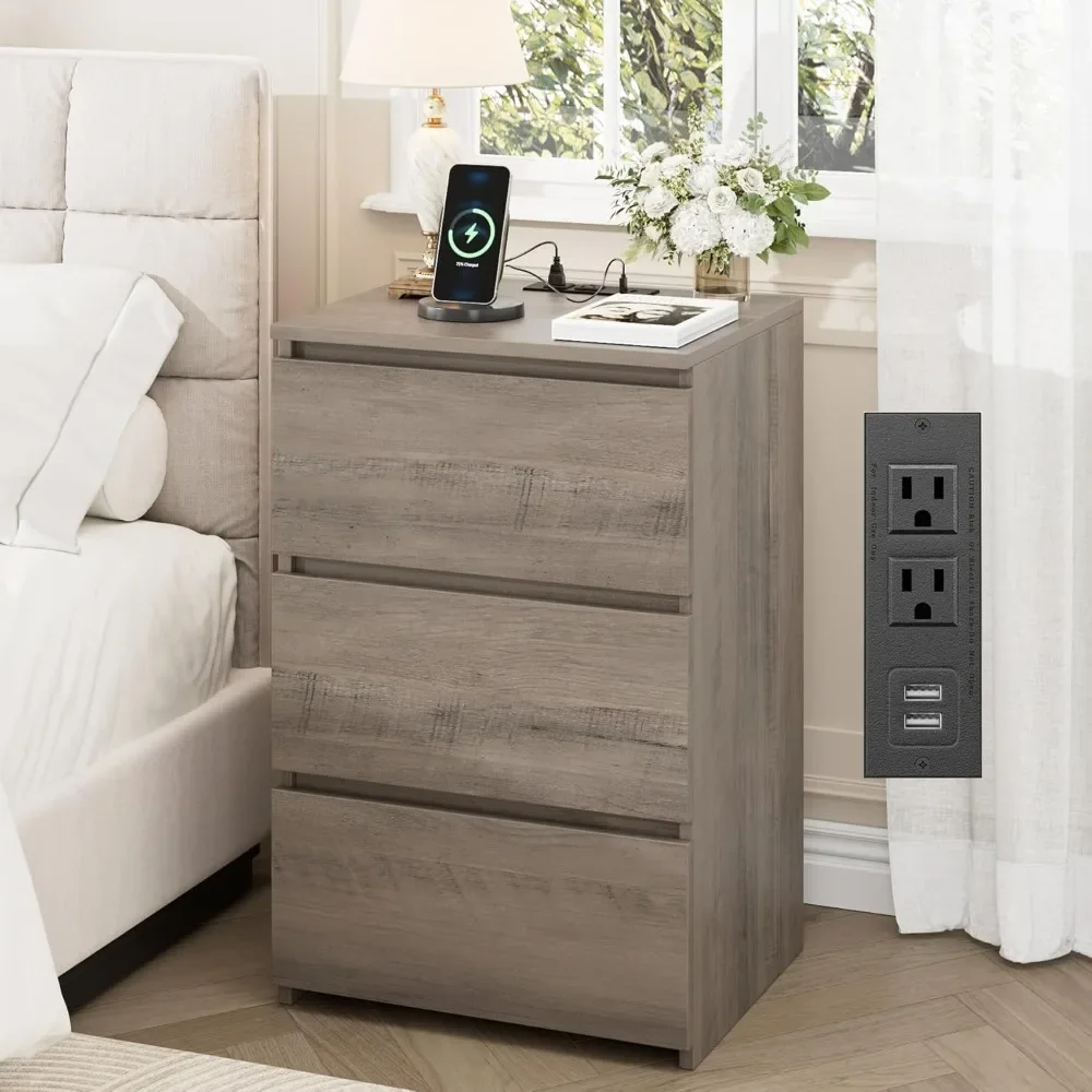 

Nightstand with Charging Station, Vintage Ash Grey Night Stand with USB Ports & Power Outlets, Silent Slides, Wooden End