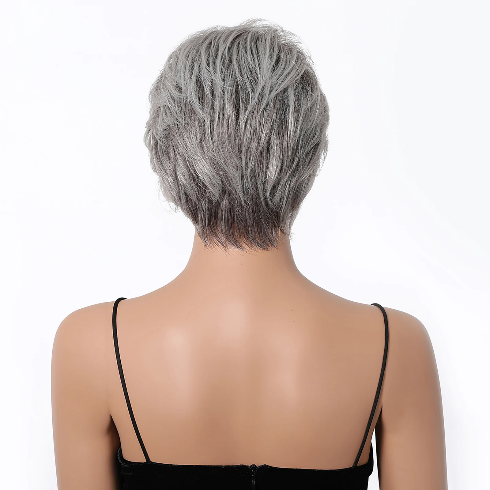 Damesmode Korte Human Hair Blend Pruiken Pixie Cut Space Ash Ombre Hair Pluizige Natuurlijke Pruik Met Pony Voor Dames Kostuumfeest