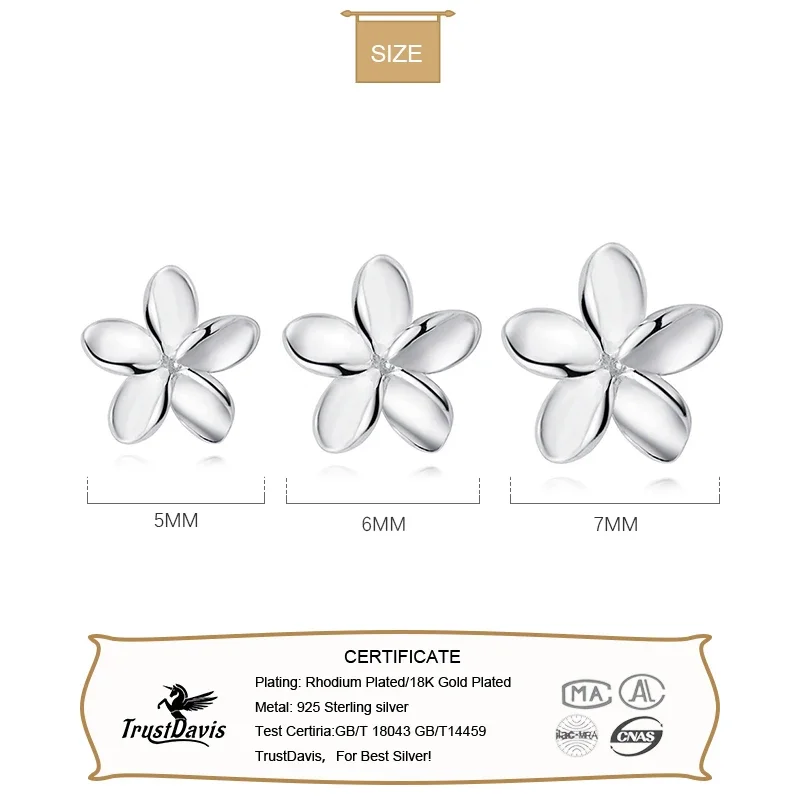 TrustDavis Real 925 Sterling Silver Elegant Cute Mini Plant 5/6/7mm Flower Stud Earrings for Women Children Day Gift DS197