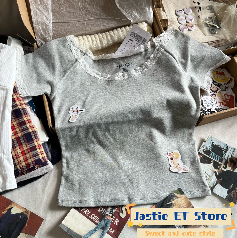 Amerikaanse Stijl Zwart Polka Dot Kant Korte Mouw T-shirt Vrouwen Sexy Slash Hals Slanke Retro Crop Top Katoenmix Korte Tees Shirt