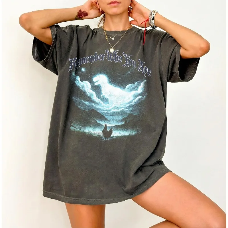 T-shirt dinosaure « Souviens-toi de qui tu es », humoristique, avec motif de dinosaure poulet, pour l'été, unisexe, ample et respirant, en coton