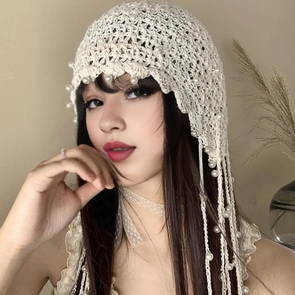 

Women Crochet Hat Solid Color Ethnic Style Knitted Hat with Tassel Trim Lace-up Handmade Crochet Hat