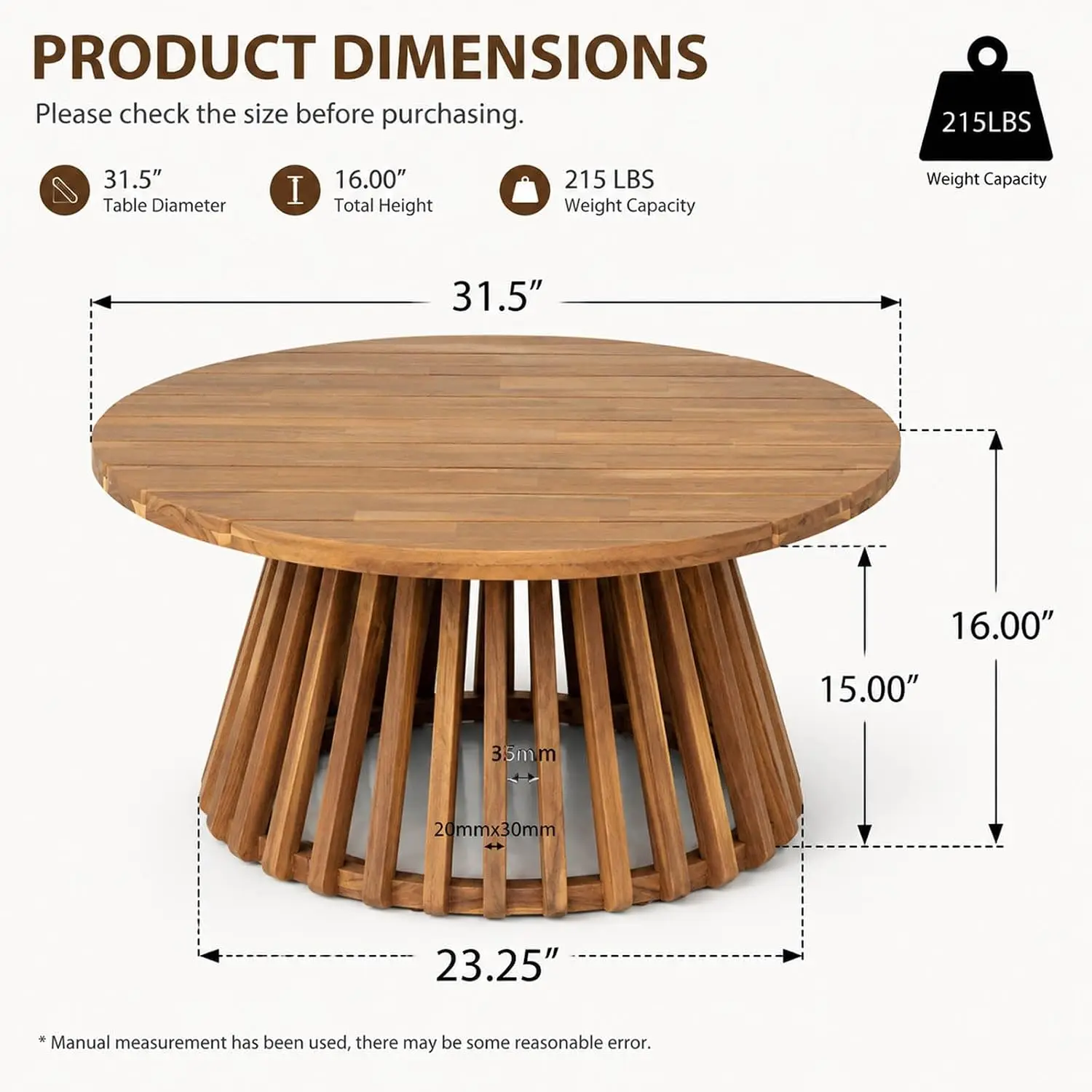 Round Outdoor Coffee Table for Patio, 31.5 Inch Acacia Wood Side Table | Farmhouse Outside Coffee Table for Garden, Balcony, Poo