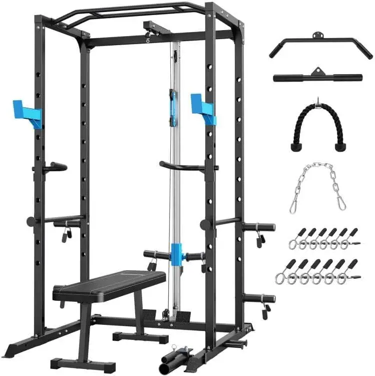 Multi-Functional Power Rack with J-Hooks, Dip Handles, Landmine Attachment and Optional Cable Pulley System for Home