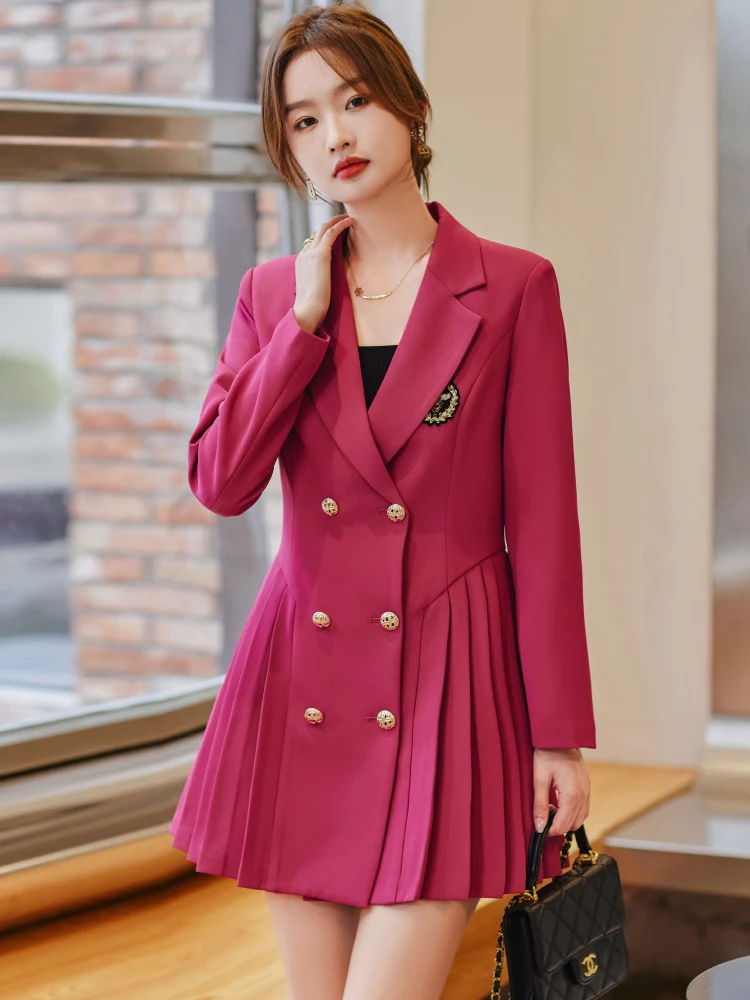 

Pink Plaid Suit Dress Women's Spring Autumn High Waist Long Sleeve Midi Skirt Korean Style Pure Color Commute Fruit Color Sui...