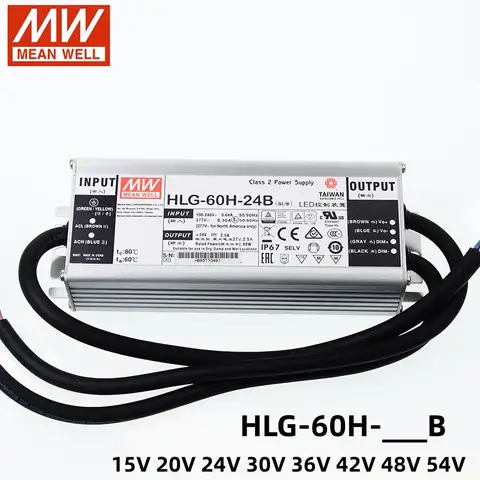 MEAN WELL Controlador LED HLG-60H tipo B 60W interruptor LED fuente de alimentación LED 15V 20V 24V 30V 36V 42V 48V 54V fuente de alimentación ajustable impermeable