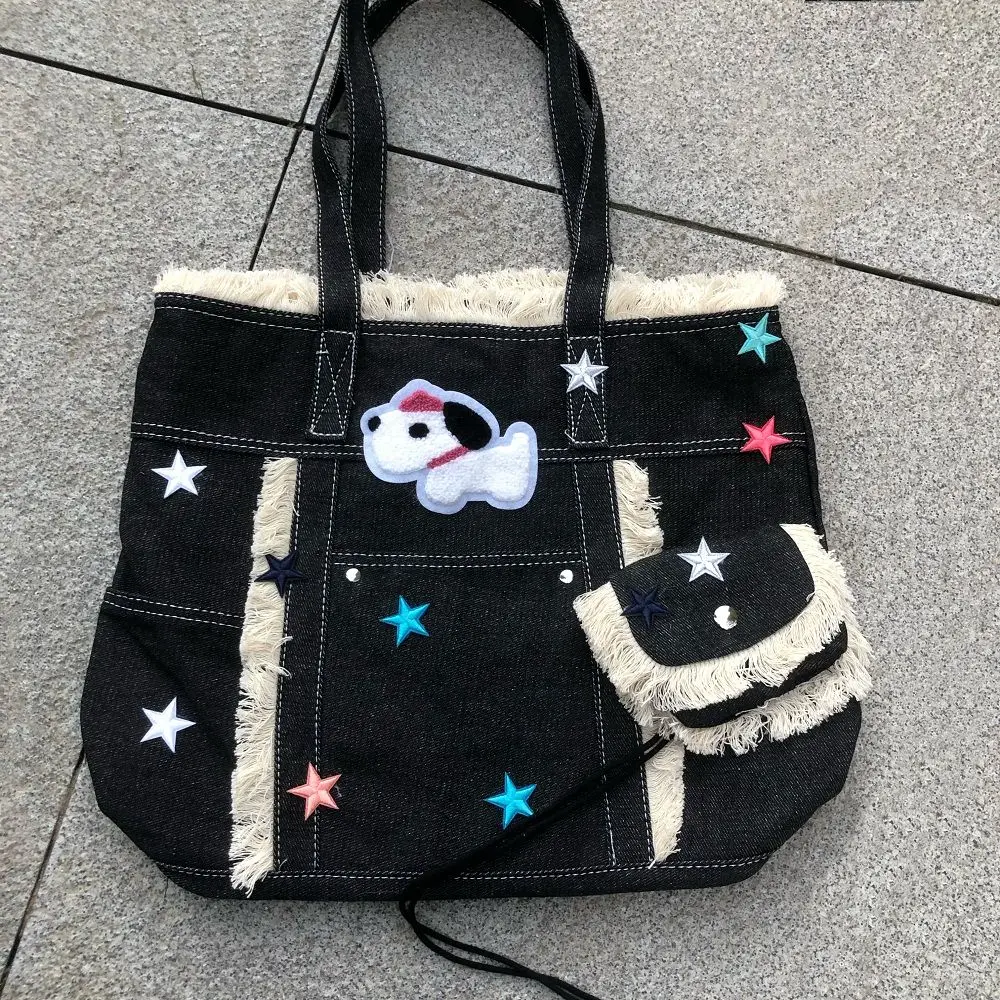 JIAERDI Vintage Harajuku Kitty Tote Bag Women Raw Edge Large Capacity Patchwork Shoulder Bags Ladies Star Print Everyday Handbag
