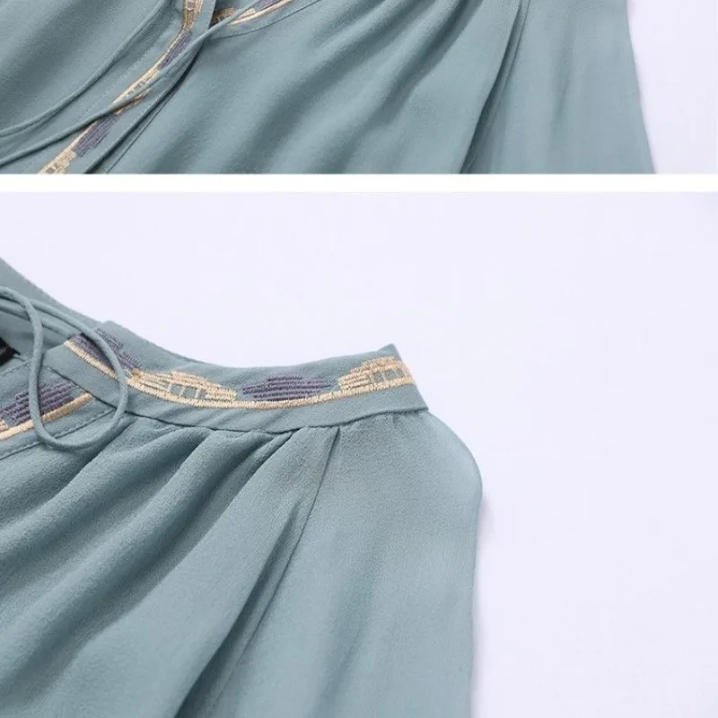 Spring and Autumn Women's Pullover Round Neck Lace Up Embroidery Solid Color Lantern 3/4 Sleeve Chiffon Tee T-shirt Tops